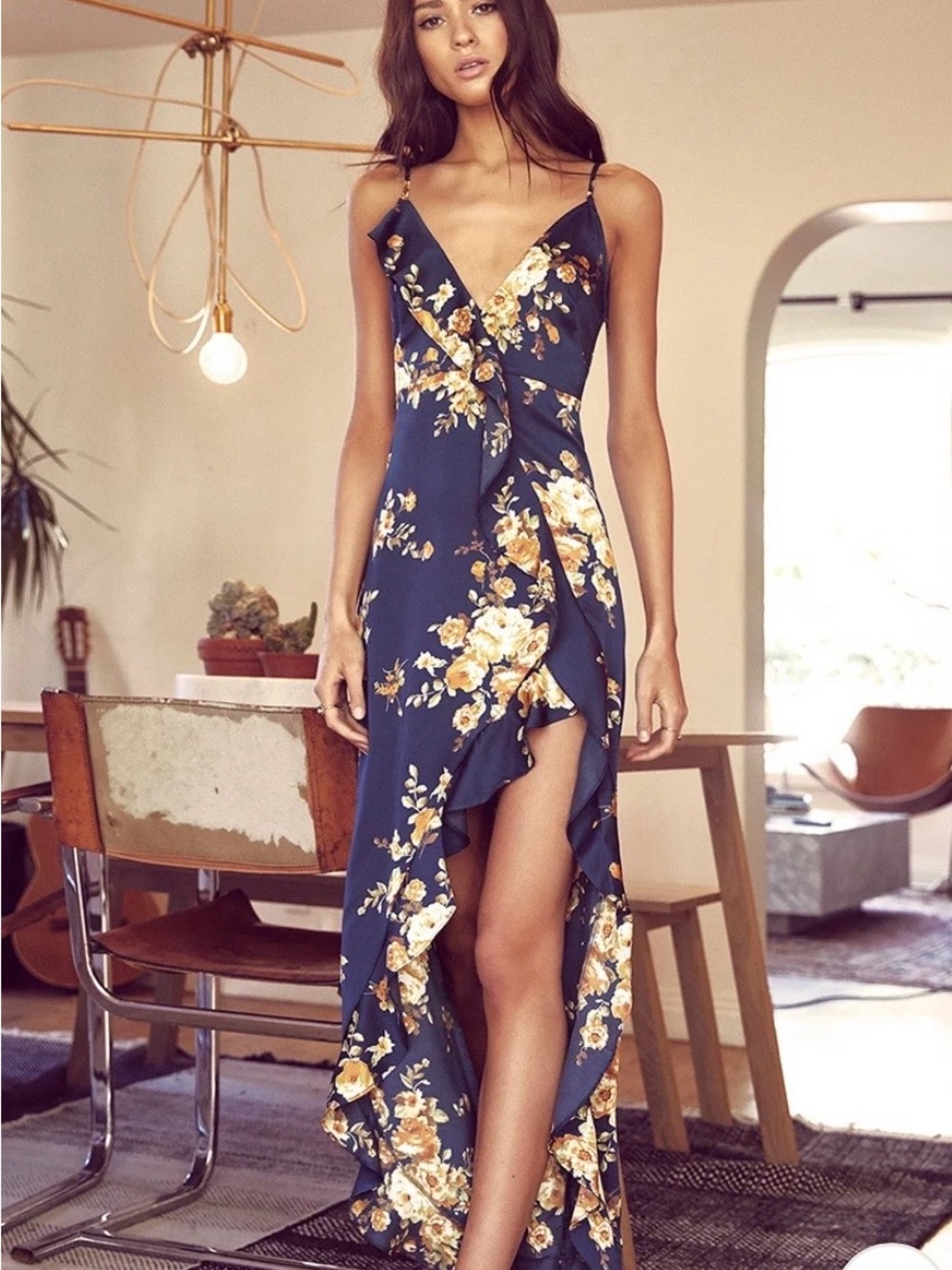 Floral Navy Wrap Maxi Dress with Ruffle Hem
